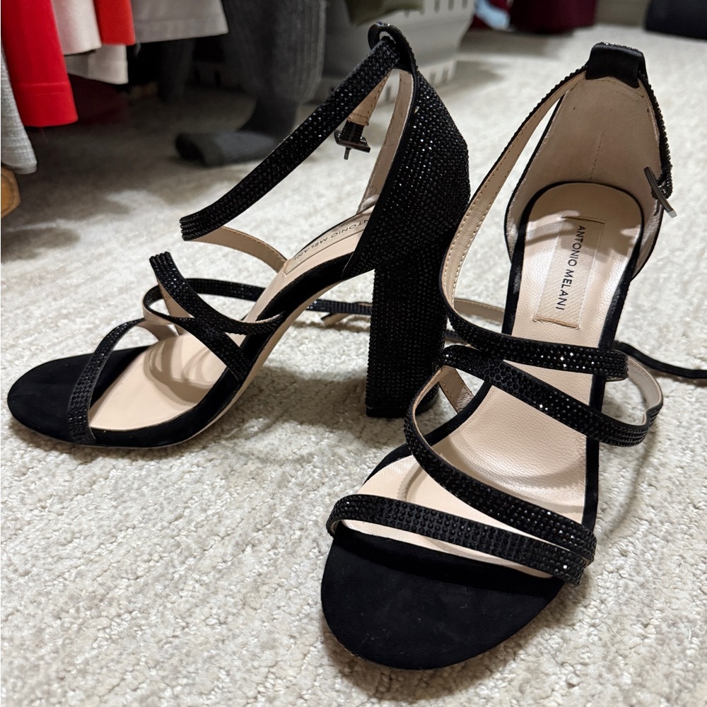 ANTONIO MELANI Black Strappy Heels with Vintage Charm